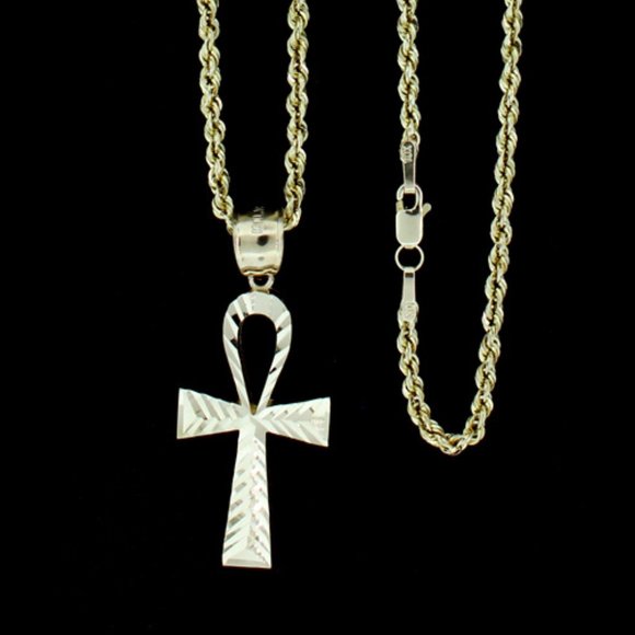 10K Real Gold Rope Chain and Ankh Cross Pendant Set - Picture 1 of 9